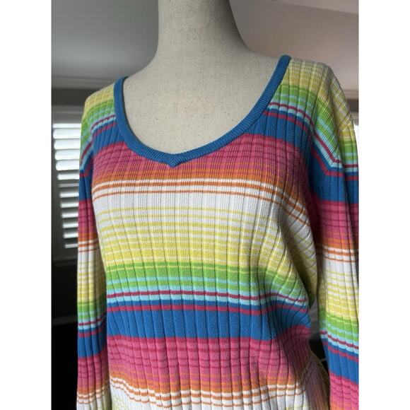 Vintage Y2K Tommy Hilfiger Rainbow Striped V Neck Sweater Womens XL - Picture 2 of 7